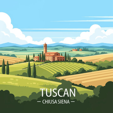 Vector illustration of the Tuscan landscape in Chiusa Siena, Italy, featuring rolling hills, green vineyards, cypress trees, a traditional stone villa with a tower, and a blue sky.