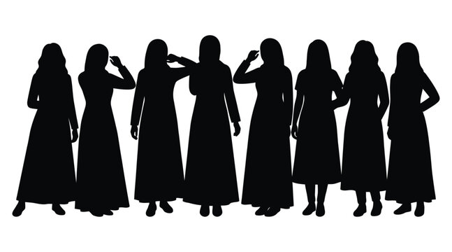 Group of women in hijab and abaya standing together, silhouette of muslim women in traditional clothing
