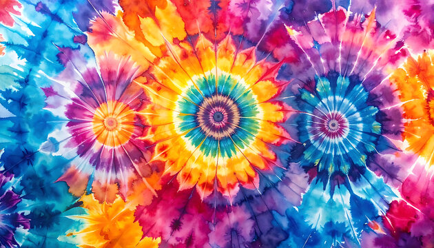 vibrant tie dye pattern with colorful floral or sunburst swirls, abstract psychedelic background, groovy 1960s aesthetic