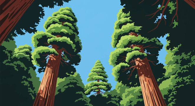 Low angle view looking up at giant redwood trees with reddish brown bark and lush green canopies against a clear blue sky in a vector illustration style forest landscape.
