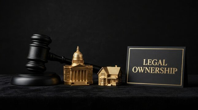 Legal ownership concept with judge gavel and gold house model, real estate law and property rights, government legislation for housing market