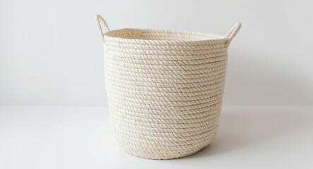 Fototapeta premium Large cotton rope laundry basket on a clean white surface