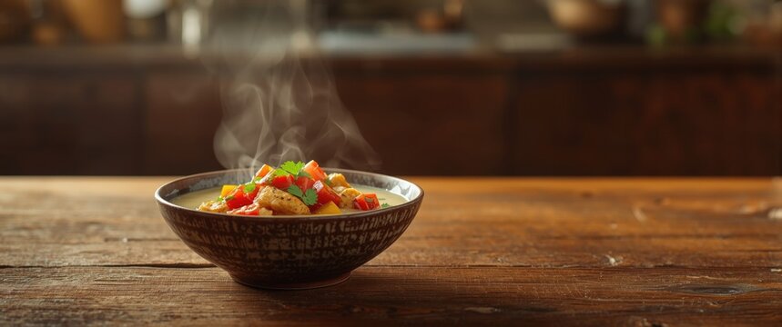 Warm coconut milk fish stew with diced tomatoes red pepper and coriander on wooden dining table