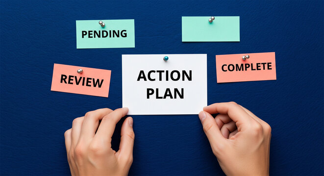 Action plan process. Project management workflow. Review, pending, complete stages.