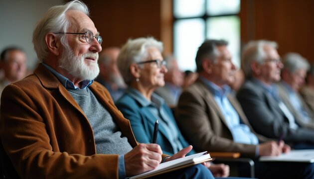Elderly man takes notes in notebook at seminar or lecture. Seniors listen attentively to speaker in classroom. Group of older people in educational setting, gaining knowledge.