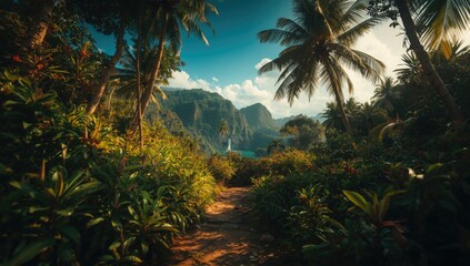 Fototapeta premium Serene tropical island hiking trail surrounded by vibrant native vegetation