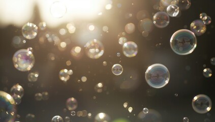Fototapeta premium Multicolored soap bubbles shining with reflected light over a subtle blurry outdoor background and copy space