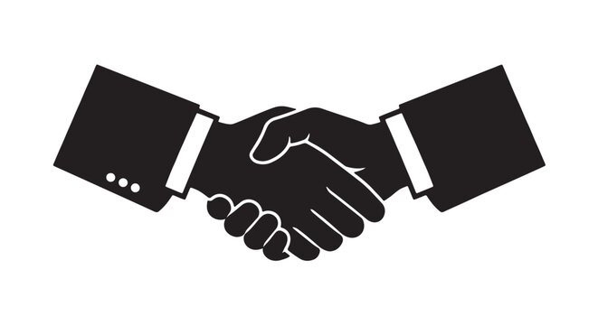 Black and white premium silhouette vector of a handshake icon with sleeves, isolated, business agreement concept, sharp and clean silhouette
