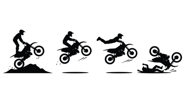 Motocross stunt progression silhouette showing a rider jumping, performing a superman trick, and crashing on a motorcycle