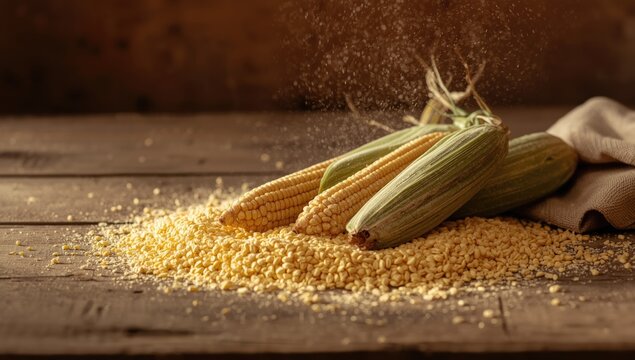 Yellow corn ears surrounded by dusted cornstarch over a rough natural table