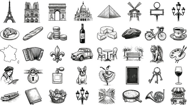 Vintage hand drawn sketch French culture and Paris travel icon setVintage hand drawn sketch French culture and Paris travel icon set