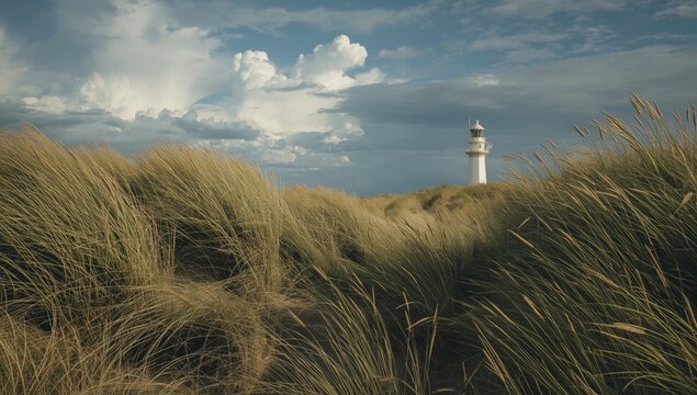 Lighthouse by seaside dunes with waving coastal grass and cumulus clouds