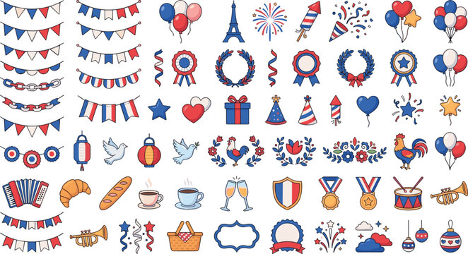 French culture holiday celebration and tricolor outline icon setFrench culture holiday celebration and tricolor outline icon set