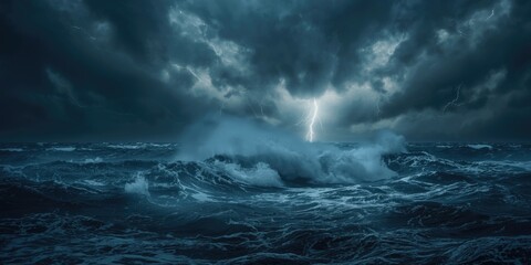 Fototapeta premium Stormy skies with frequent lightning over restless marine waters
