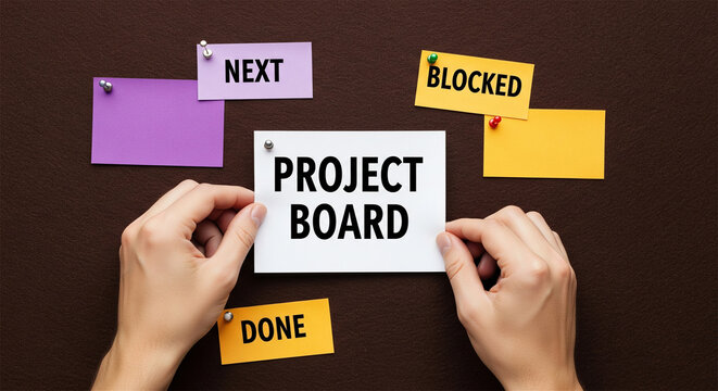Project management board. Task tracking and workflow organization. Hands pinning cards on a board.