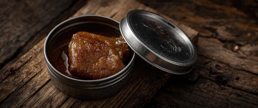 Open metal container with oil preserved cod liver resting on wood