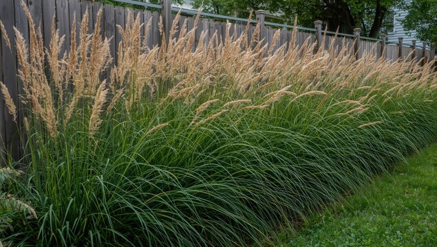 Colorful Panicum virgatum grass height adding ornamental interest next to fences in garden settings