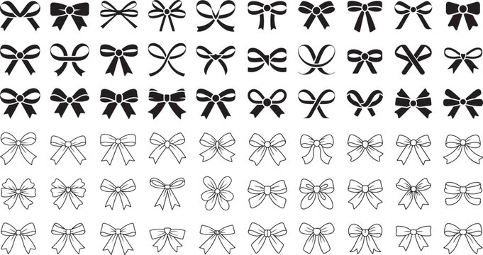 Collection of various ribbon bow designs and shapes in black and white for decoration and gift wrapping
