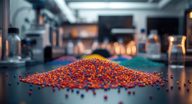 Colored polymer granules analyzed in laboratory setting