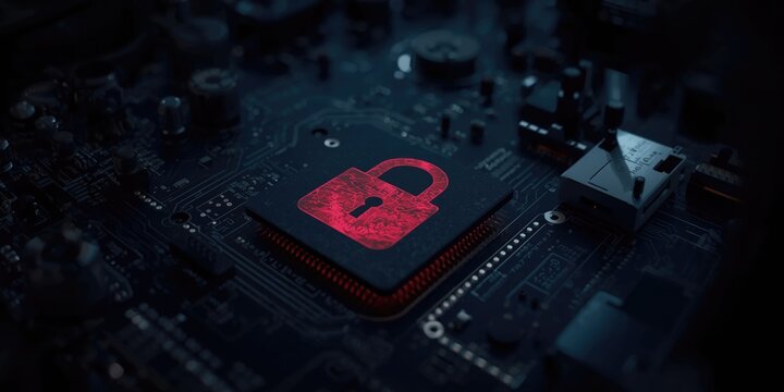 Electronic board with red padlock image hacked by cyberattack