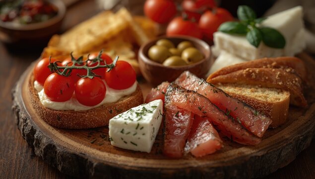 Vegetarian Italian antipasto featuring dried bread frisella with cherry tomatoes cheese tuna and olives on rustic board