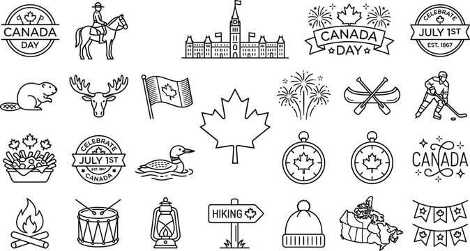 Canada day collection line art icons silhouettes isolated on transparent background