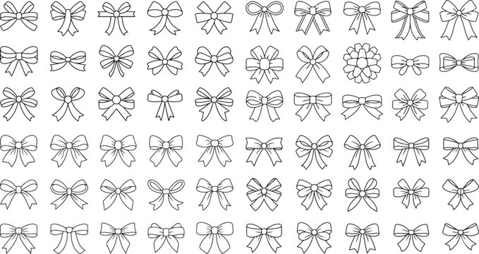Collection of various ribbon bow designs and shapes in simple line art on white background