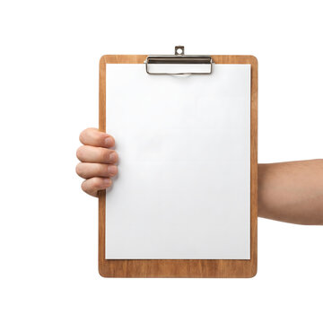 Hand holding a wooden clipboard isolated on transparent background