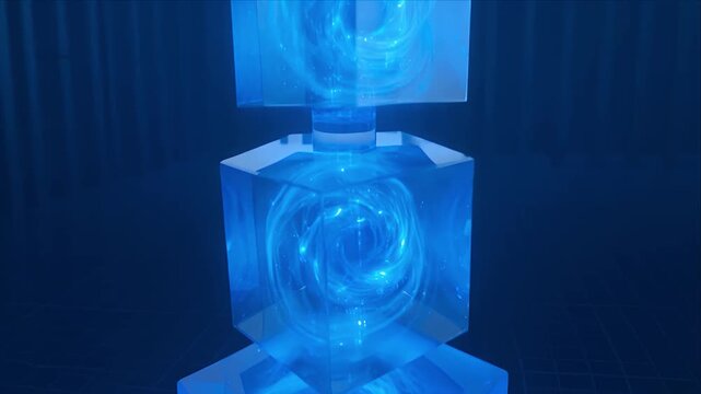 Cybersecurity Futuristic vault digital security data protection glowing cube abstract technology blue light cyber swirl encryption cyber network secure access password vault stacked cube glowing blue