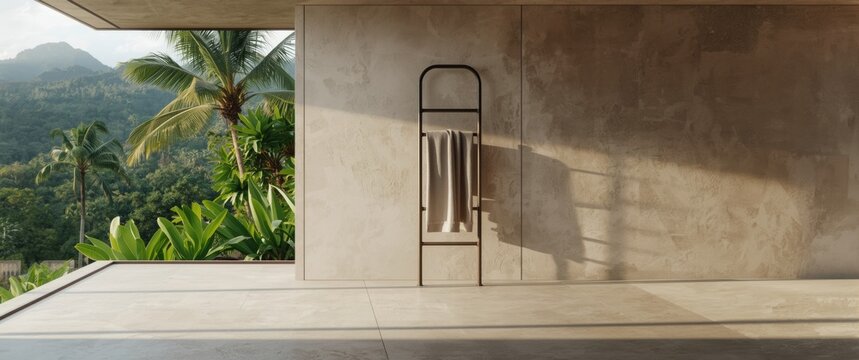 hotel bathroom with minimalist beige concrete floor and towel rail ladder framed by panoramic tropical landscape and empty wall copy space