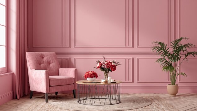 Interior mockup with pink color scheme chair coffee table fresh flowers and detailed wall moldings
