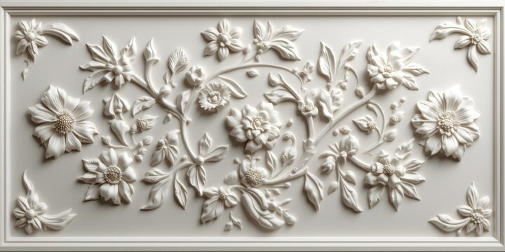 Refined framed white bas relief featuring complex flower and leaf designs for wall d&Atilde;&copy;cor
