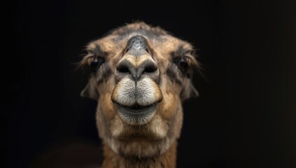 Naklejka premium Unique wildlife close shot of camelid snout showing terrestrial animal features against dark backdrop
