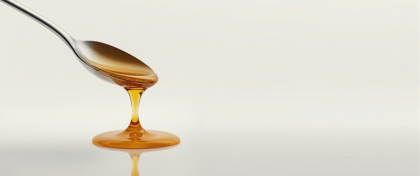 Spoon holding viscous syrup dripping slowly onto a flat white background with copy space