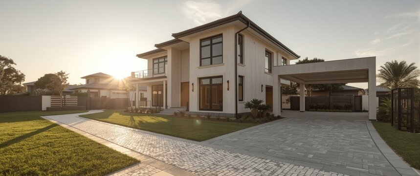 Upscale home with a covered parking enclosure and mosaic paved trail viewed externally