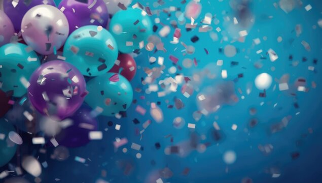 Vivid blue backdrop highlighting colorful teal and purple balloons sprinkled with confetti for parties
