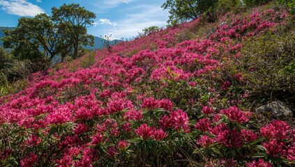 Naklejka premium Summer hillside abundant with vivid pink rhododendron flowers
