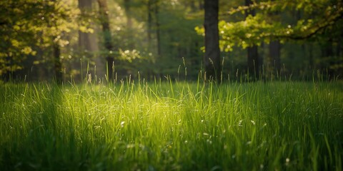 Fototapeta premium Sunlit forest with high green grass blades and fresh natural air