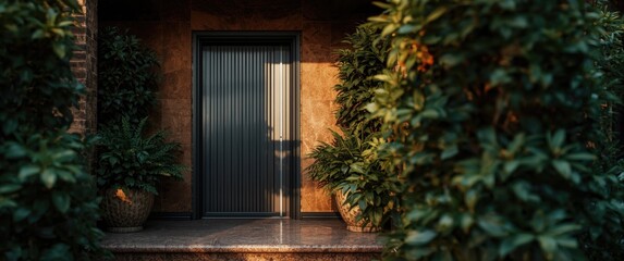 Fototapeta premium Stylish steel entry door on stone porch with rich green plants and ample copy space