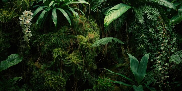 Jade green tropical foliage featuring climbing orchids moss and lush ferns