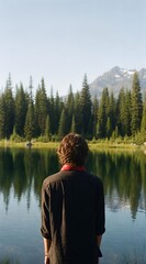 Fototapeta premium A man standing alone looking at a peaceful mountain lake and pine forest