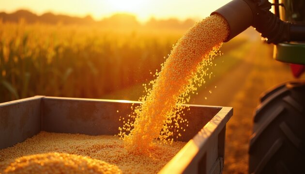 Harvester unloads yellow corn seeds into trailer during sunset. Grains pour from combine into wagon on farm. Agricultural work, food production, organic farming, countryside scene.