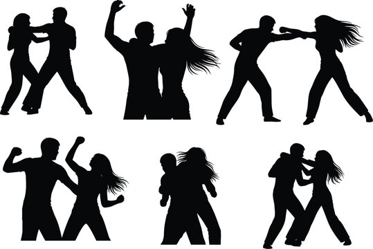 Silhouettes of a man and woman fighting and arguing in various aggressive poses isolated on a white background