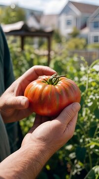 Close up of man hands holding a large ripe heirloom tomato in a sunny organic garden