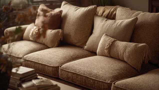Traditional living area with harmonious couch and pillow placement