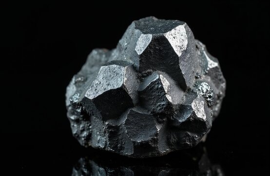 Dark metallic mineral cluster on black background. Specimen shows geometric crystal faces. Close up of rough textured natural rock formation.