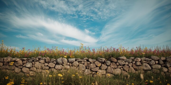 Soothing dry stone wall lined with wildflowers beneath a cloud speckled azure sky in a tranquil nature scene