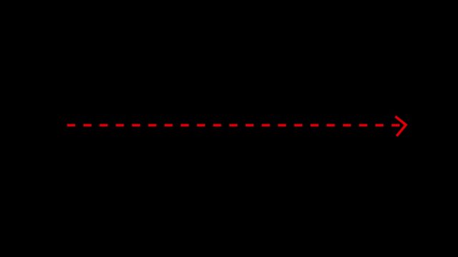 Minimalist red dashed line arrow animation pointing right on a solid black background, digital interface user experience navigation, motion and instructional media