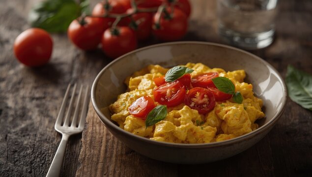 Morning bowl of fluffy scrambled eggs topped with fresh tomatoes and basil on a rustic wood table