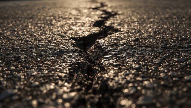 Sharp focus on a broad pavement crevice highlighting uneven surface traits